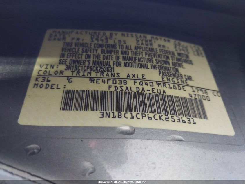 2012 Nissan Versa 1.8 S VIN: 3N1BC1CP6CK253631 Lot: 43387970