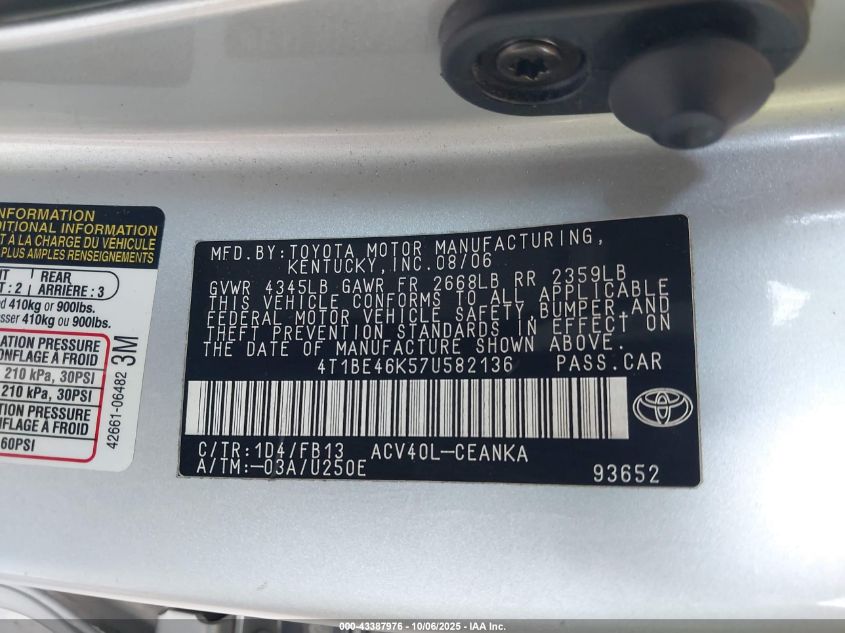 2007 Toyota Camry Le VIN: 4T1BE46K57U582136 Lot: 43387976