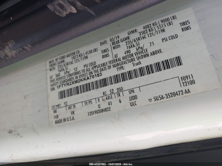 2019 Ford Transit-250 VIN: 1FTYR2XM2KKA70183 Lot: 43387992