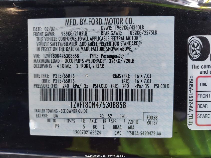 2007 Ford Mustang V6 Deluxe/V6 Premium VIN: 1ZVFT80N475308858 Lot: 43387993
