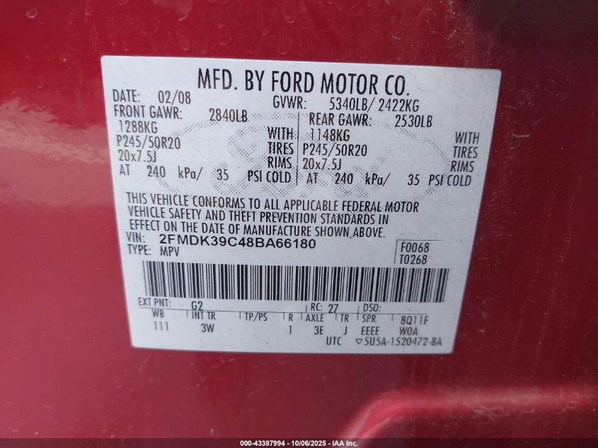 2008 Ford Edge Limited VIN: 2FMDK39C48BA66180 Lot: 43387994