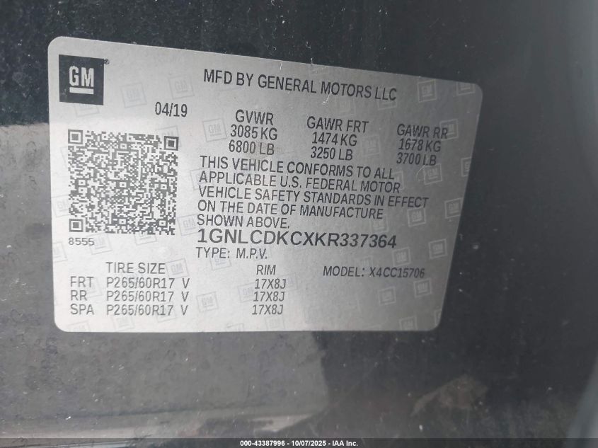 2019 Chevrolet Tahoe Commercial Fleet VIN: 1GNLCDKCXKR337364 Lot: 43387996