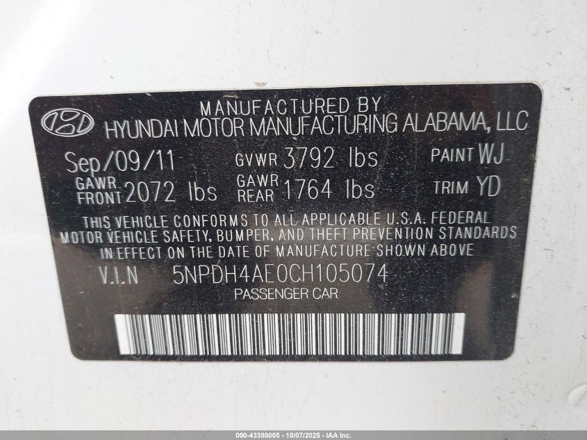 2012 Hyundai Elantra Gls VIN: 5NPDH4AE0CH105074 Lot: 43388005