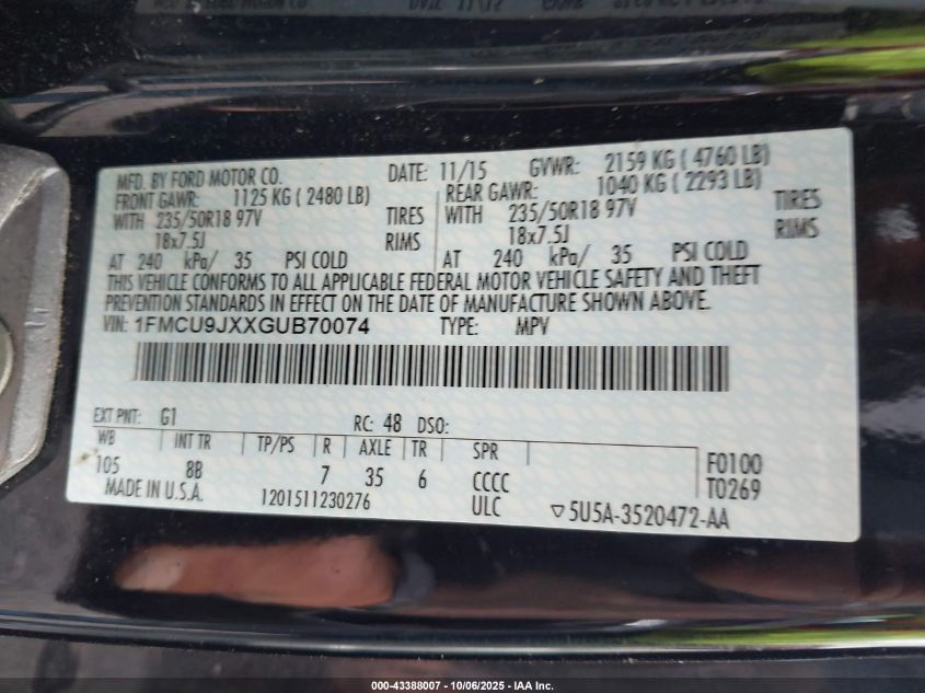 2016 Ford Escape Titanium VIN: 1FMCU9JXXGUB70074 Lot: 43388007