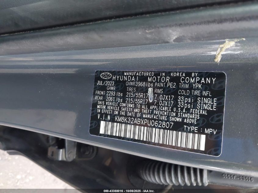 2023 Hyundai Kona Sel VIN: KM8K32ABXPU062807 Lot: 43388016