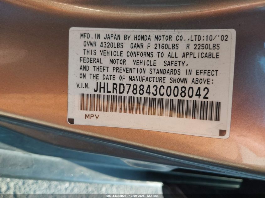 2003 Honda Cr-V Ex VIN: JHLRD78843C008042 Lot: 43388026