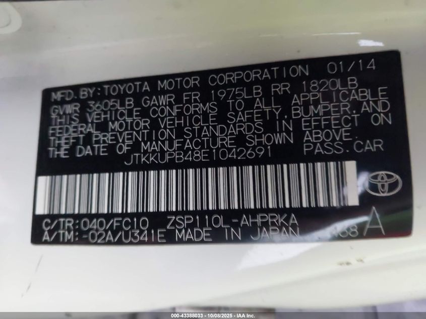 2014 Scion Xd VIN: JTKKUPB48E1042691 Lot: 43388033