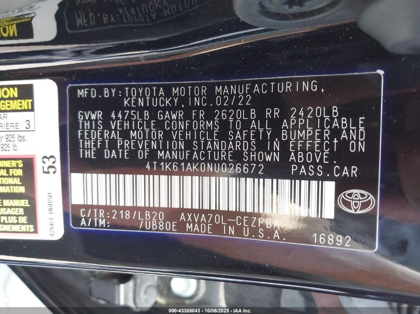 2022 Toyota Camry Xse VIN: 4T1K61AK0NU026672 Lot: 43388043