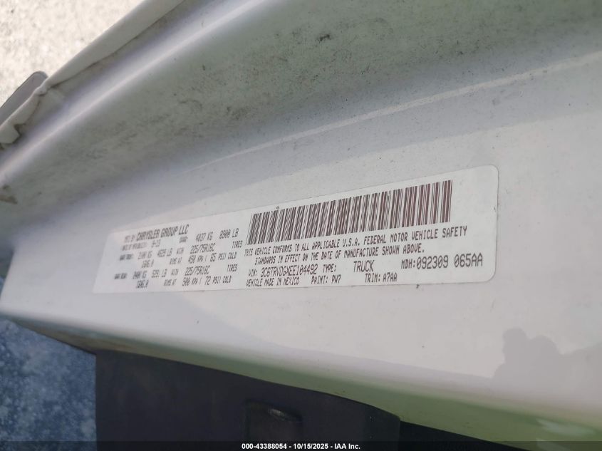 2014 Ram Promaster 2500 High Roof VIN: 3C6TRVDGXEE104492 Lot: 43388054