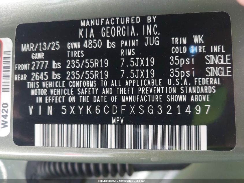 2025 Kia Sportage X-Line VIN: 5XYK6CDFXSG321497 Lot: 43388059