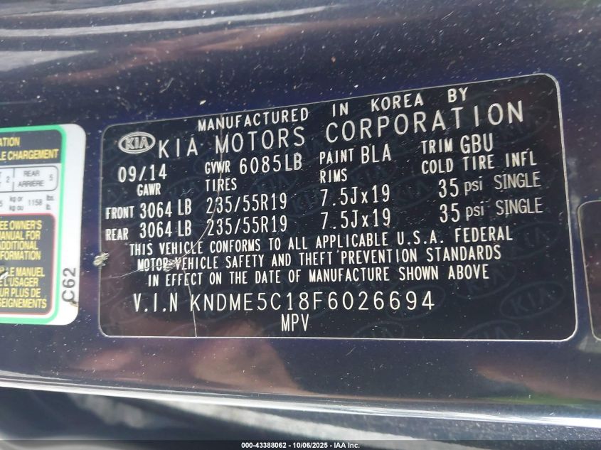 2015 Kia Sedona Sx Luxury VIN: KNDME5C18F6026694 Lot: 43388062