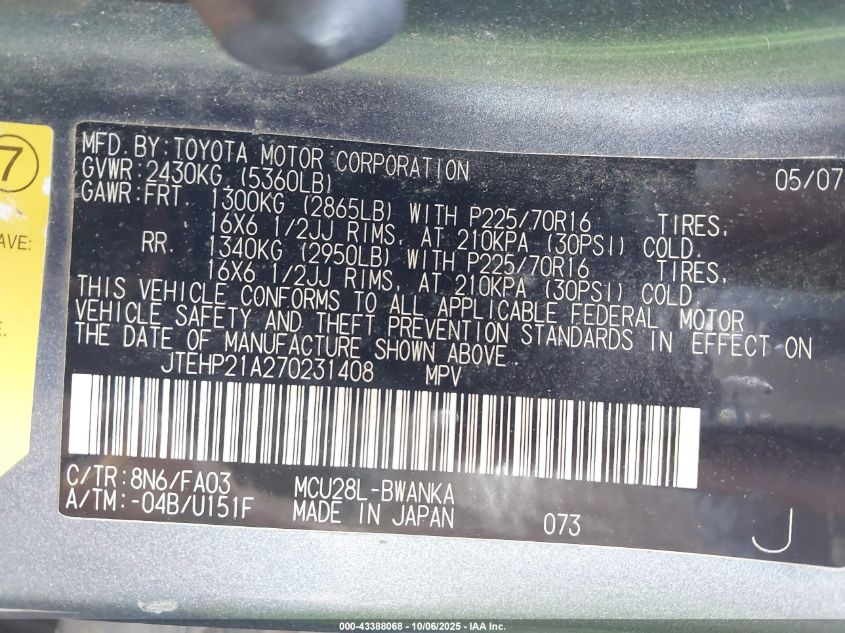 2007 Toyota Highlander V6 VIN: JTEHP21A270231408 Lot: 43388068