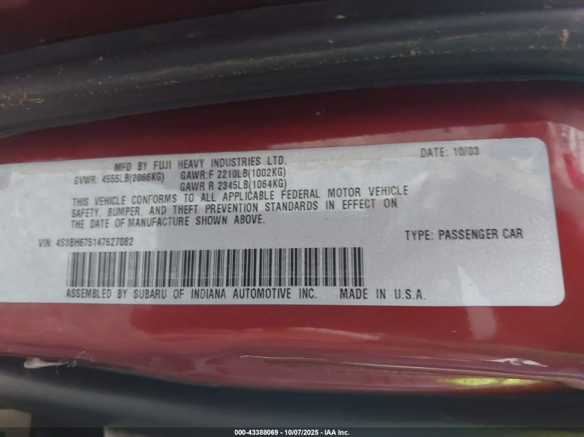 2004 Subaru Outback VIN: 4S3BH675147627082 Lot: 43388069