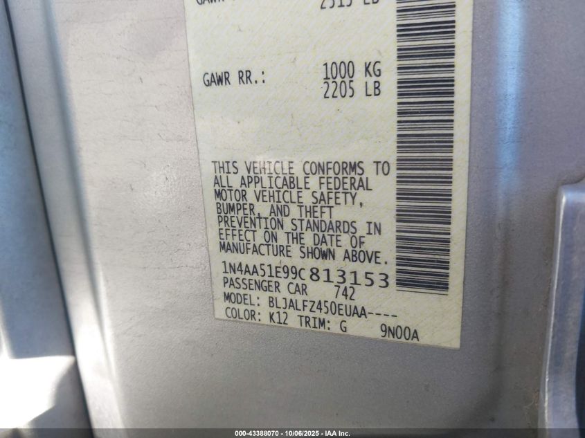 2009 Nissan Maxima 3.5 Sv VIN: 1N4AA51E99C813153 Lot: 43388070