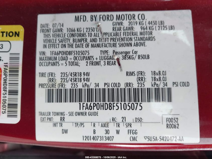 2015 Ford Fusion Se VIN: 1FA6P0HD8F5105075 Lot: 43388078