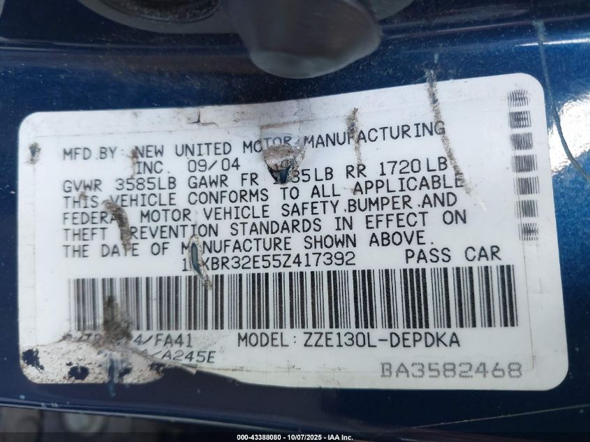 2005 Toyota Corolla Ce VIN: 1NXBR32E55Z417392 Lot: 43388080