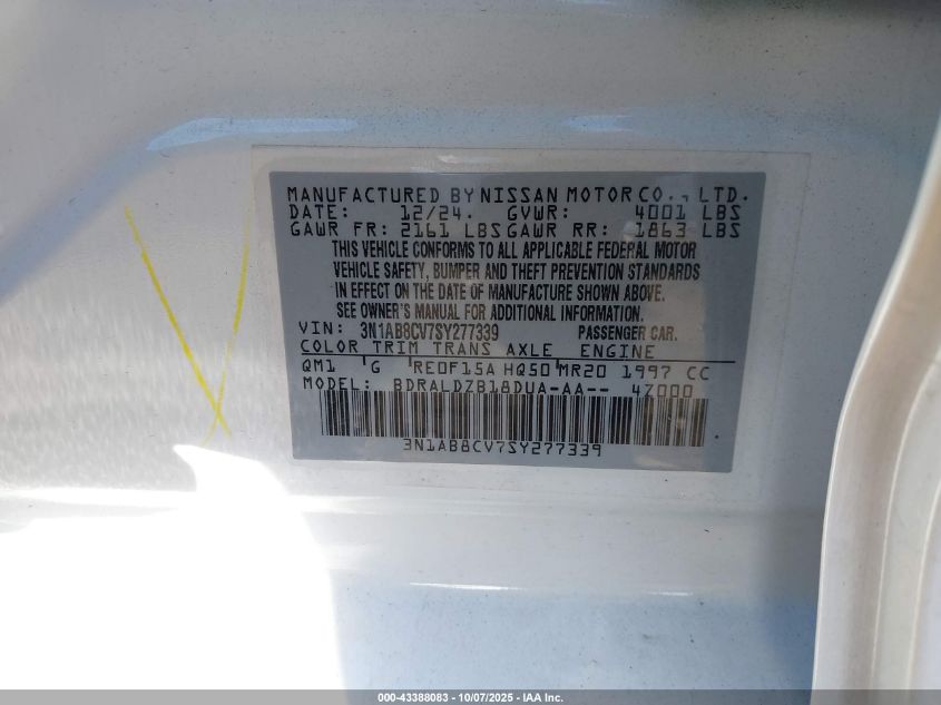 2025 Nissan Sentra Sv VIN: 3N1AB8CV7SY277339 Lot: 43388083