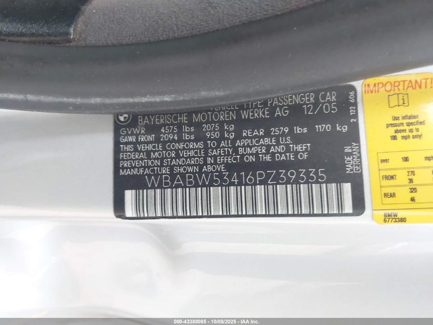 2006 BMW 330Ci VIN: WBABW53416PZ39335 Lot: 43388085