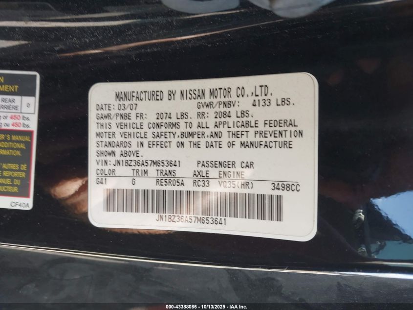 2007 Nissan 350Z Touring VIN: JN1BZ36A57M653641 Lot: 43388086