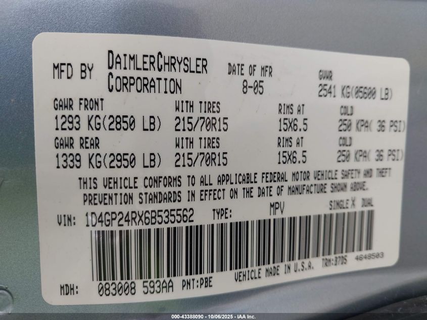 2006 Dodge Grand Caravan Se VIN: 1D4GP24RX6B535562 Lot: 43388090