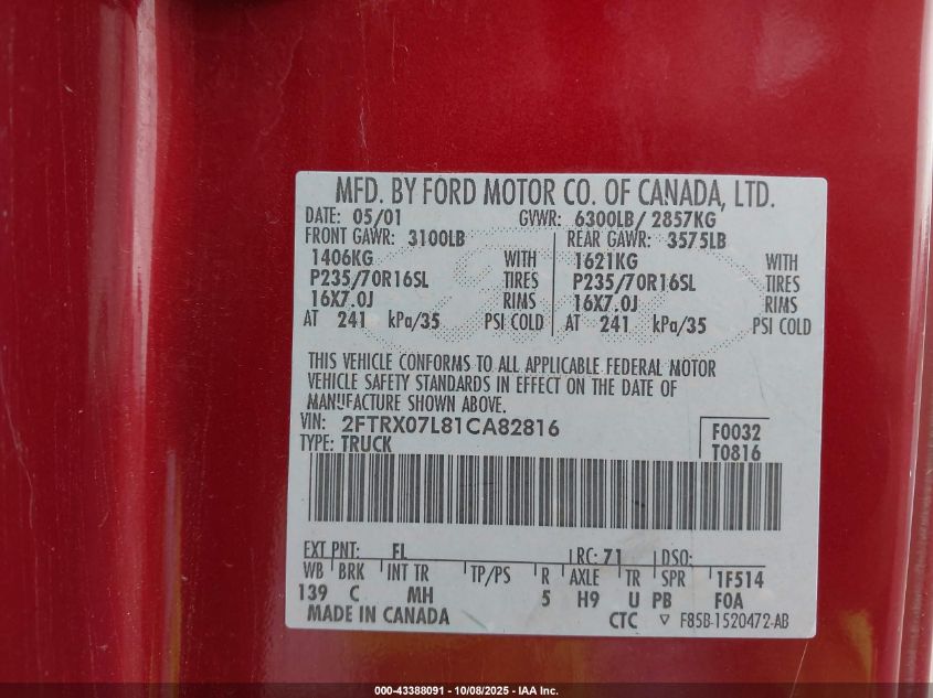 2001 Ford F-150 Lariat/Xl/Xlt VIN: 2FTRX07L81CA82816 Lot: 43388091