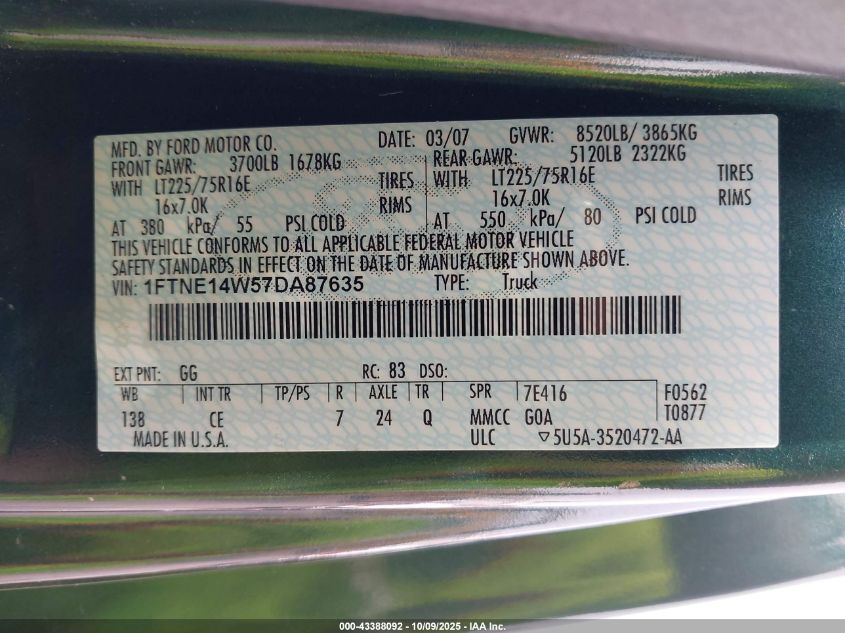 2007 Ford E-150 Commercial/Recreational VIN: 1FTNE14W57DA87635 Lot: 43388092