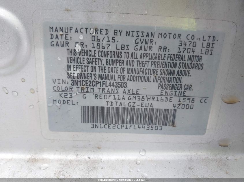 2015 Nissan Versa Note Sr VIN: 3N1CE2CP1FL443503 Lot: 43388096