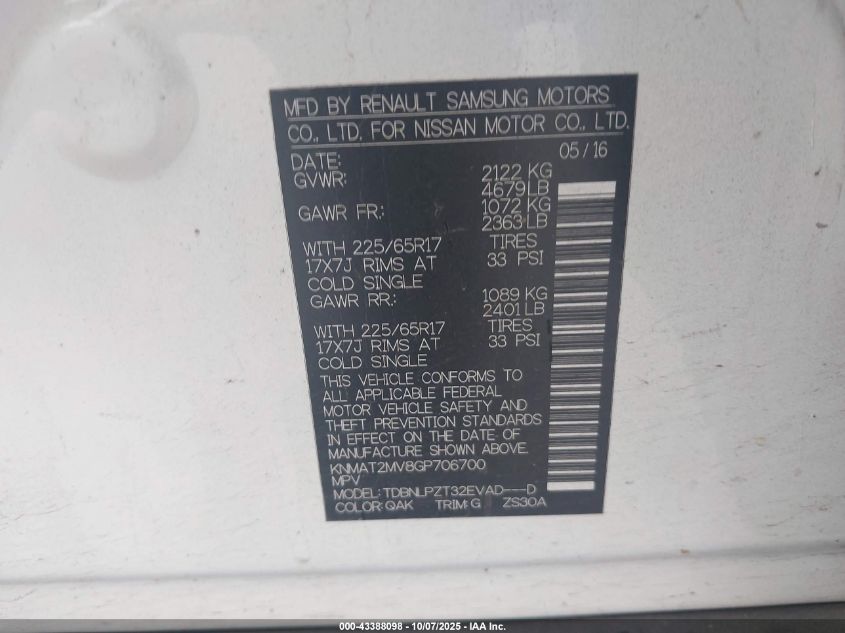 2016 Nissan Rogue S VIN: KNMAT2MV8GP706700 Lot: 43388098