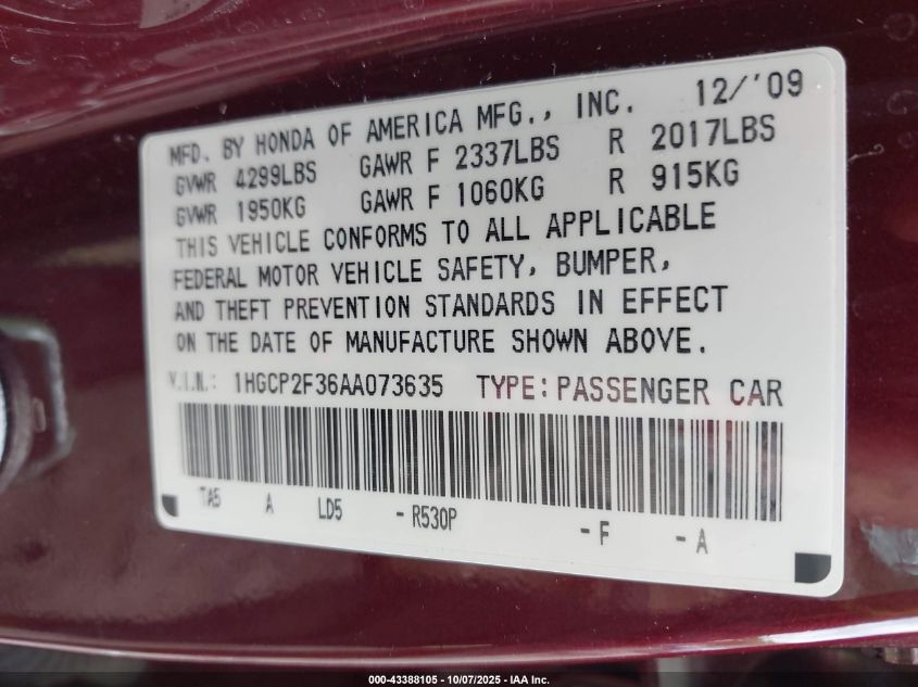 2010 Honda Accord 2.4 Lx VIN: 1HGCP2F36AA073635 Lot: 43388105