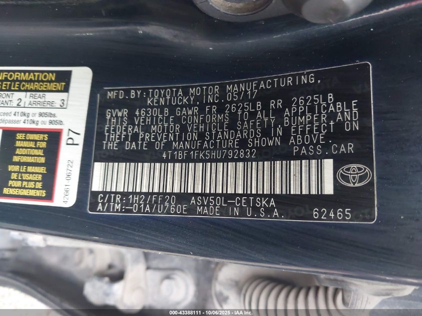 2017 Toyota Camry Se VIN: 4T1BF1FK5HU792832 Lot: 43388111