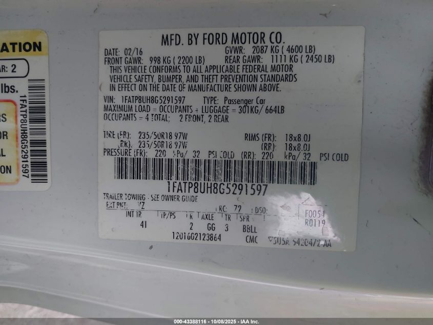 2016 Ford Mustang Ecoboost Premium VIN: 1FATP8UH8G5291597 Lot: 43388116