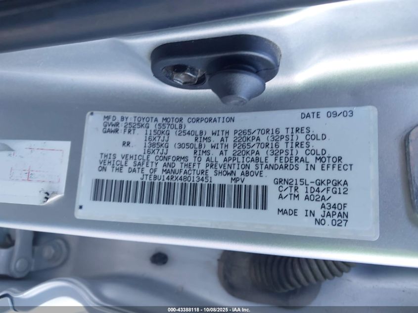 2004 Toyota 4Runner Sr5 V6 VIN: JTEBU14RX48013451 Lot: 43388118