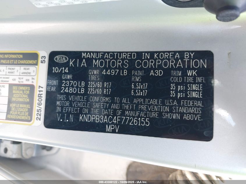 2015 Kia Sportage Lx VIN: KNDPB3AC4F7726155 Lot: 43388122