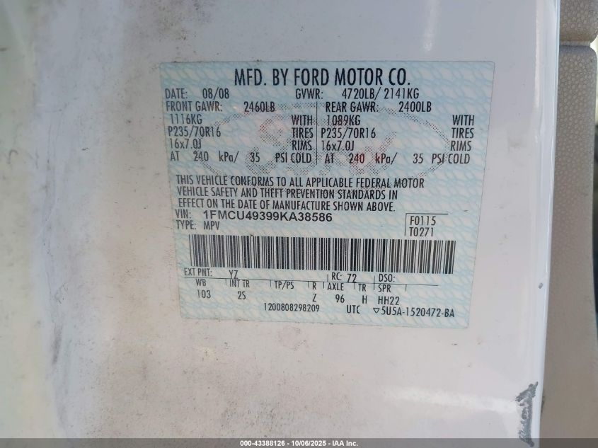 2009 Ford Escape Hybrid Limited VIN: 1FMCU49399KA38586 Lot: 43388126