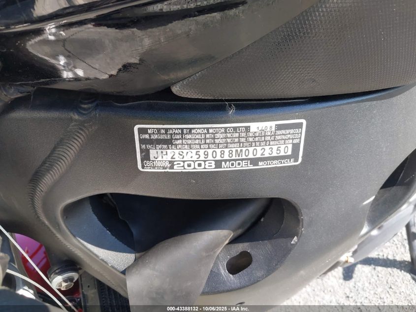 2008 Honda Cbr1000 Rr VIN: JH2SC59088M002350 Lot: 43388132