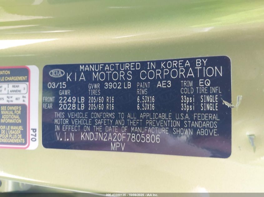 2015 Kia Soul VIN: KNDJN2A20F7805806 Lot: 43388135