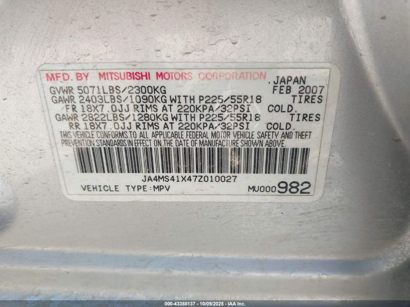 2007 Mitsubishi Outlander Xls VIN: JA4MS41X47Z010027 Lot: 43388137