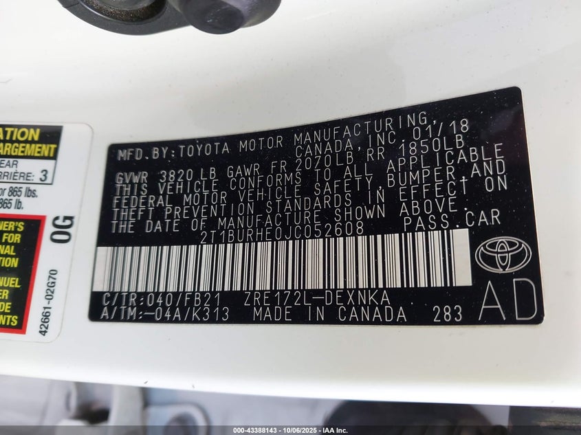 2018 TOYOTA COROLLA LE 2T1BURHE0JC052608