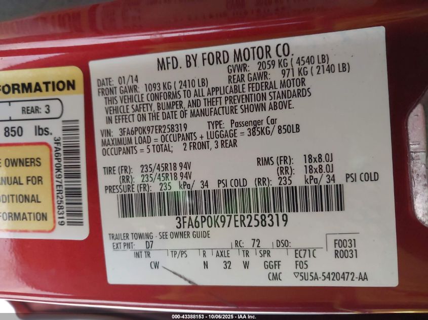 2014 Ford Fusion Titanium VIN: 3FA6P0K97ER258319 Lot: 43388153