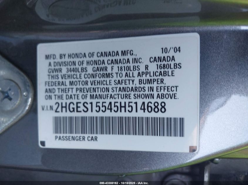 2005 Honda Civic Lx VIN: 2HGES15545H514688 Lot: 43388162