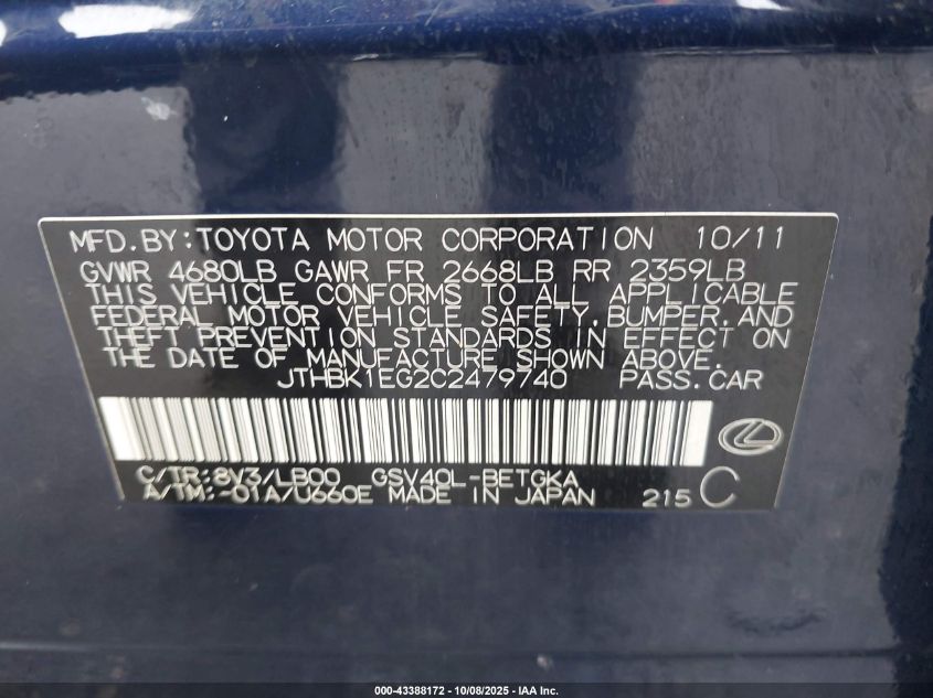 2012 Lexus Es 350 VIN: JTHBK1EG2C2479740 Lot: 43388172