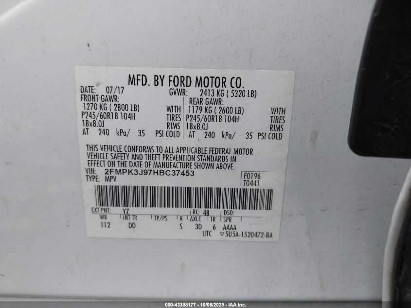 2017 Ford Edge Sel VIN: 2FMPK3J97HBC37453 Lot: 43388177