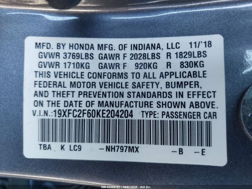 2019 Honda Civic Lx VIN: 19XFC2F60KE204204 Lot: 43388197
