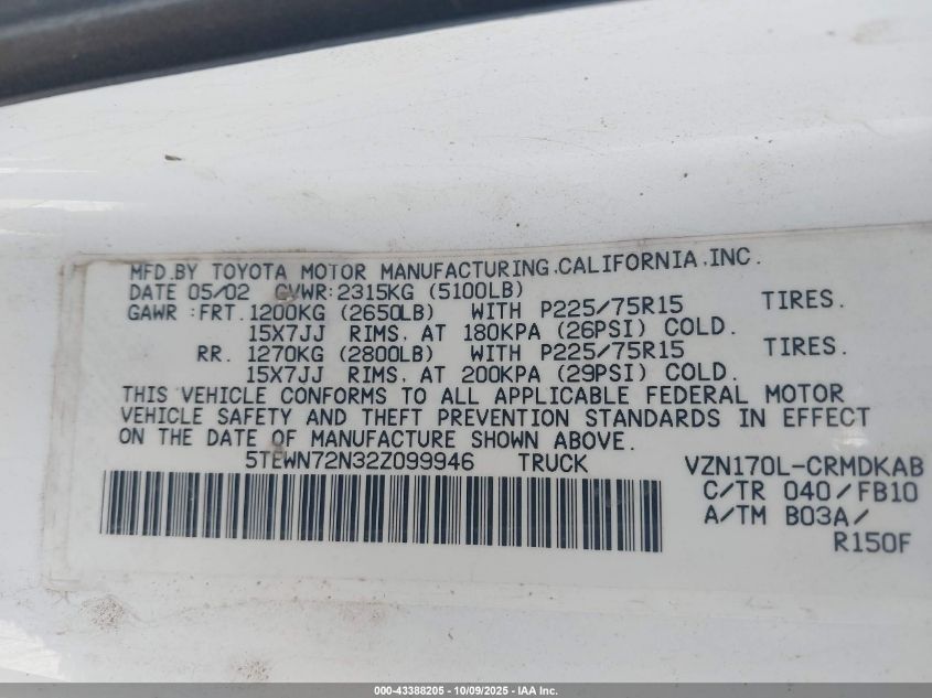 2002 Toyota Tacoma Base V6 VIN: 5TEWN72N32Z099946 Lot: 43388205