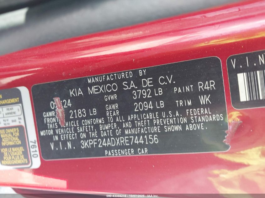 2024 Kia Forte Lxs VIN: 3KPF24ADXRE744156 Lot: 43388216