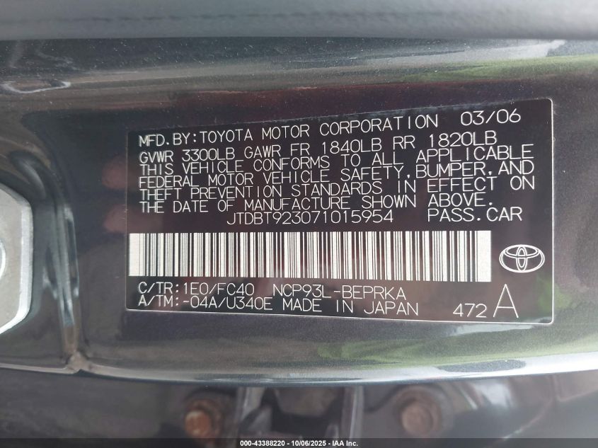 2007 Toyota Yaris VIN: JTDBT923071015954 Lot: 43388220