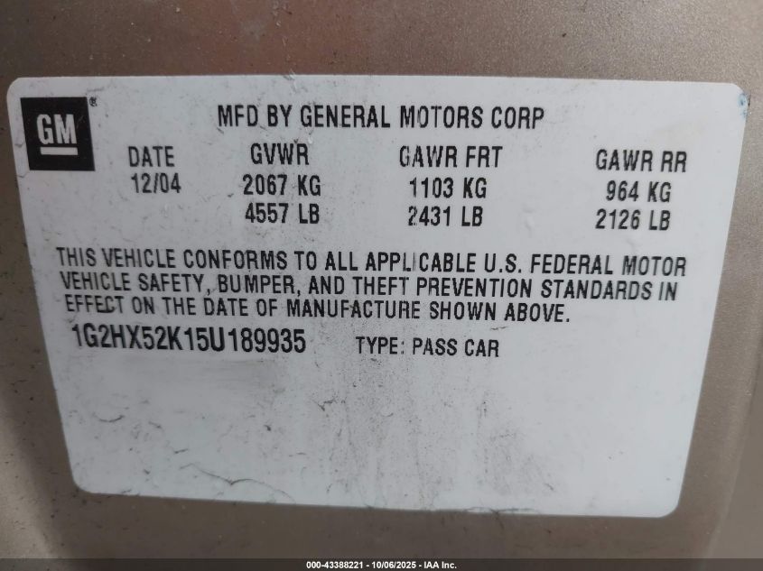 2005 Pontiac Bonneville Se VIN: 1G2HX52K15U189935 Lot: 43388221