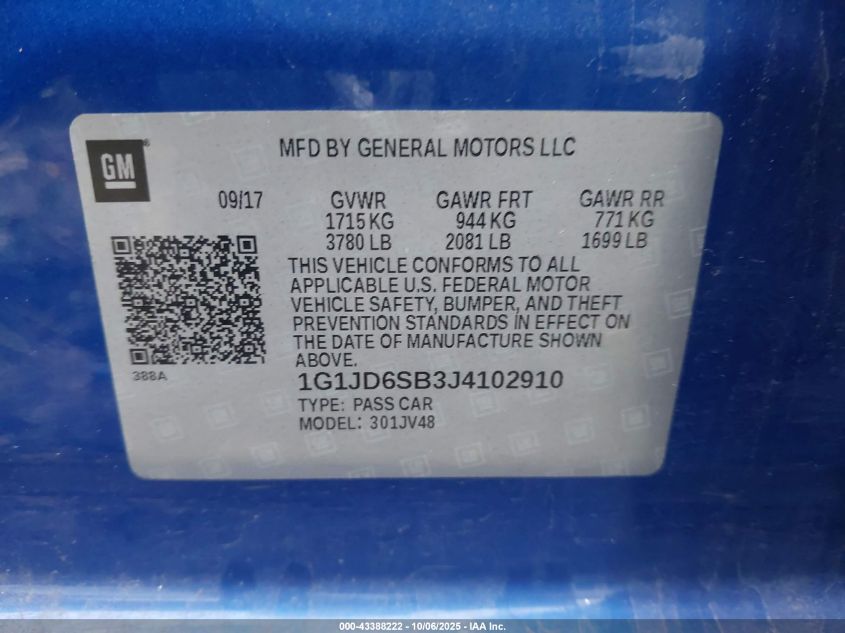 2018 Chevrolet Sonic Lt Auto VIN: 1G1JD6SB3J4102910 Lot: 43388222