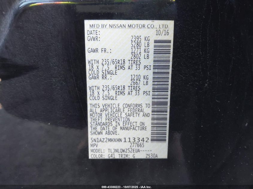 2017 Nissan Murano Sv VIN: 5N1AZ2MHXHN113342 Lot: 43388223