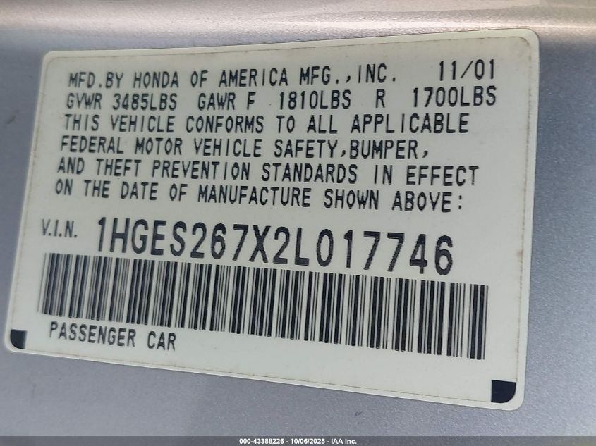 2002 Honda Civic Ex VIN: 1HGES267X2L017746 Lot: 43388226